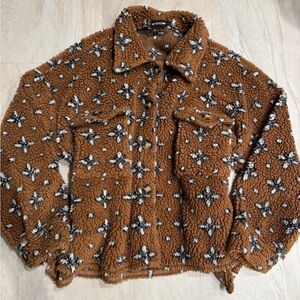 Cute Korean Brown Patterned Sherpa Jacket Japanese floral dogwood